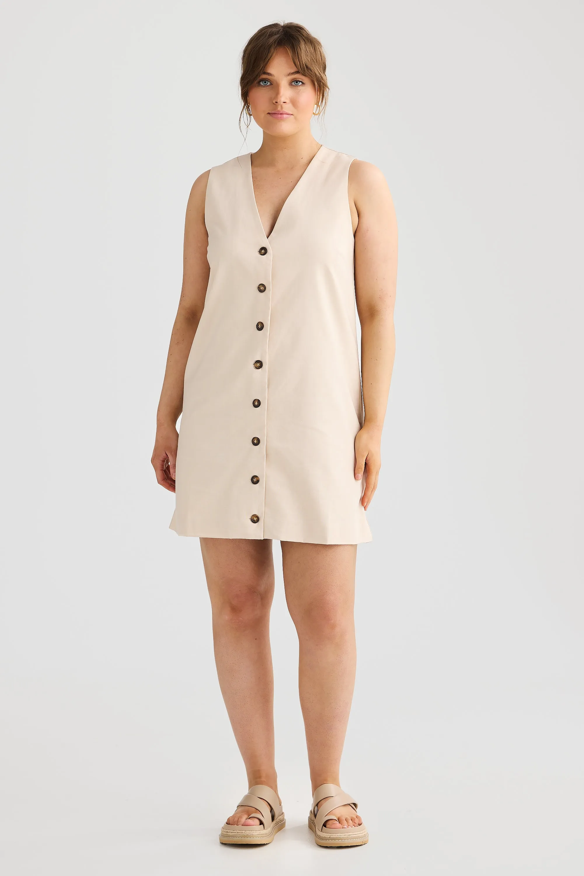 V Neck Mini Dress - Ecru