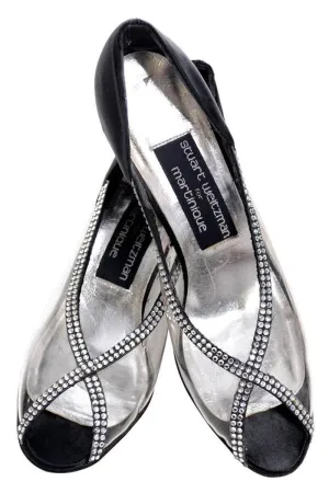 Vintage Stuart Weitzman Rhinestone Clear and Black Satin Shoes Size 7