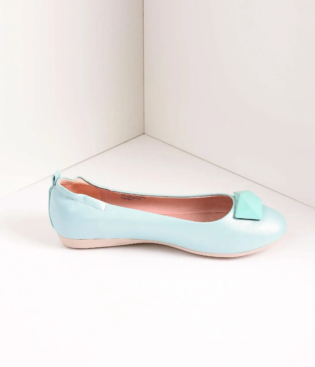 Vintage Style Aqua Blue Leatherette & Geometric Gem Ballet Flats