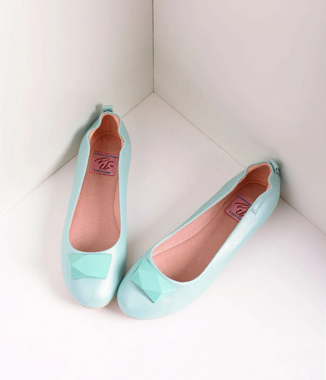 Vintage Style Aqua Blue Leatherette & Geometric Gem Ballet Flats