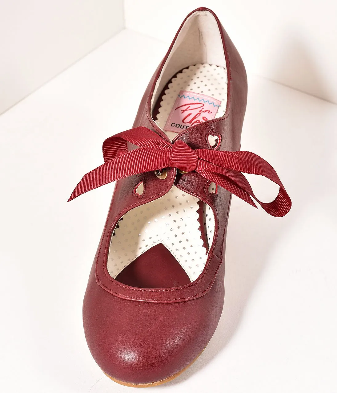 Vintage Style Burgundy Leatherette Mary Jane Bow Wiggle Heels