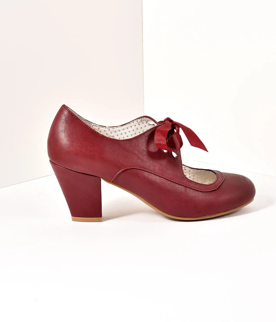 Vintage Style Burgundy Leatherette Mary Jane Bow Wiggle Heels