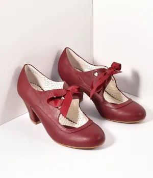 Vintage Style Burgundy Leatherette Mary Jane Bow Wiggle Heels