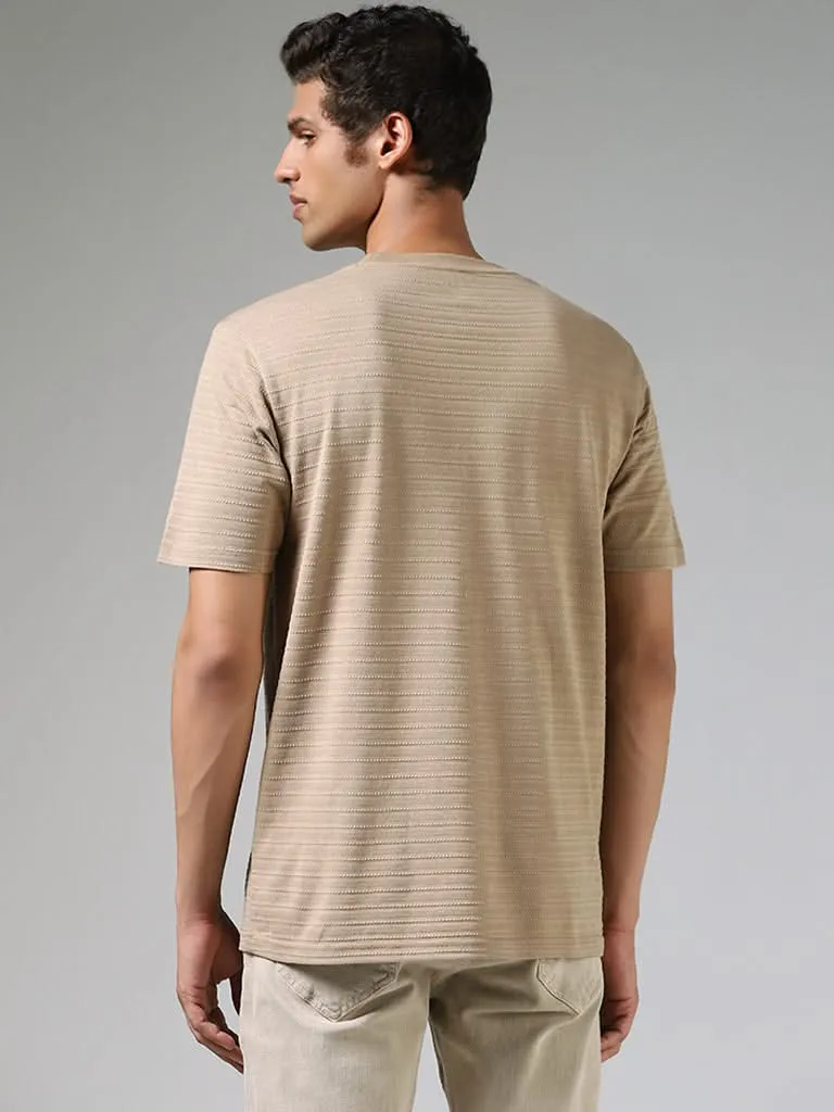 WES Casuals Beige Striped Textured Cotton Relaxed-Fit T-Shirt