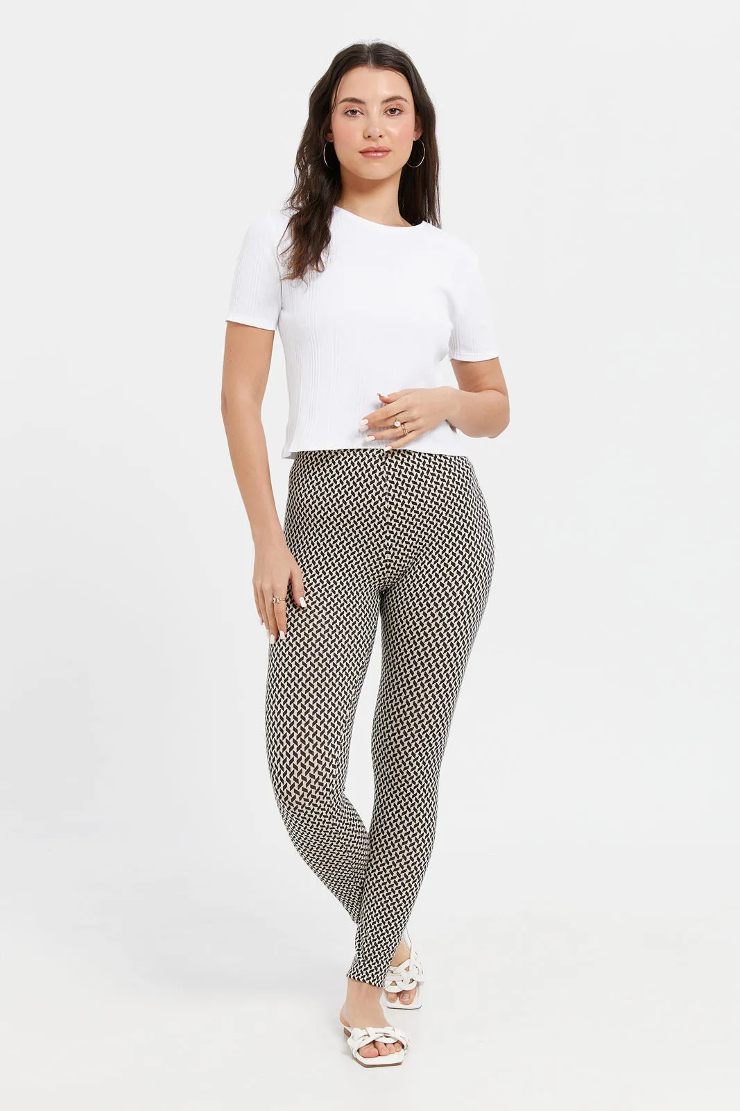 Women Beige And Black Printed Leggings