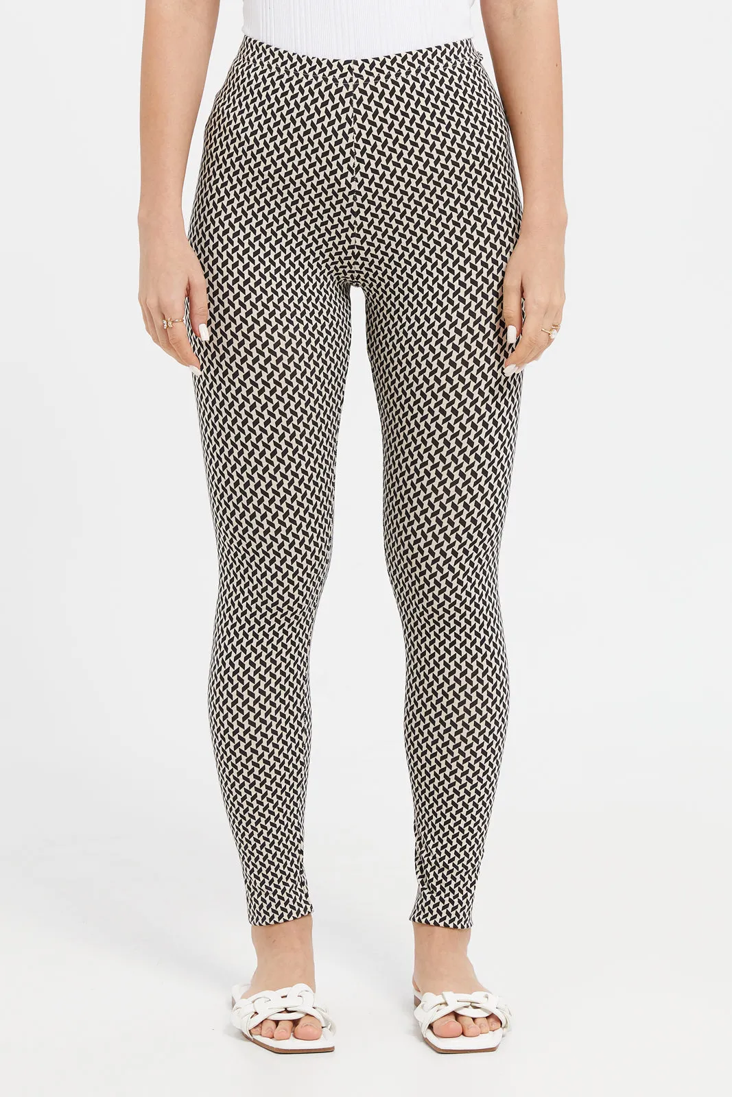 Women Beige And Black Printed Leggings