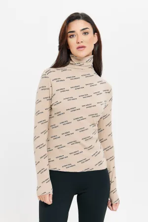 Women Beige Printed High-Neck Top