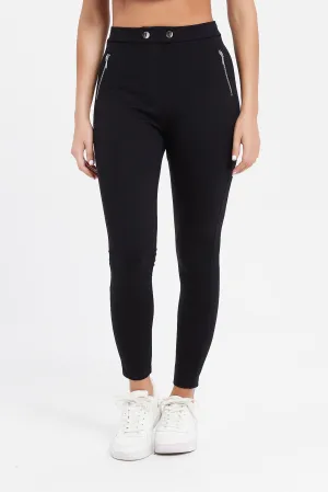 Women Black Leggings With Buttons