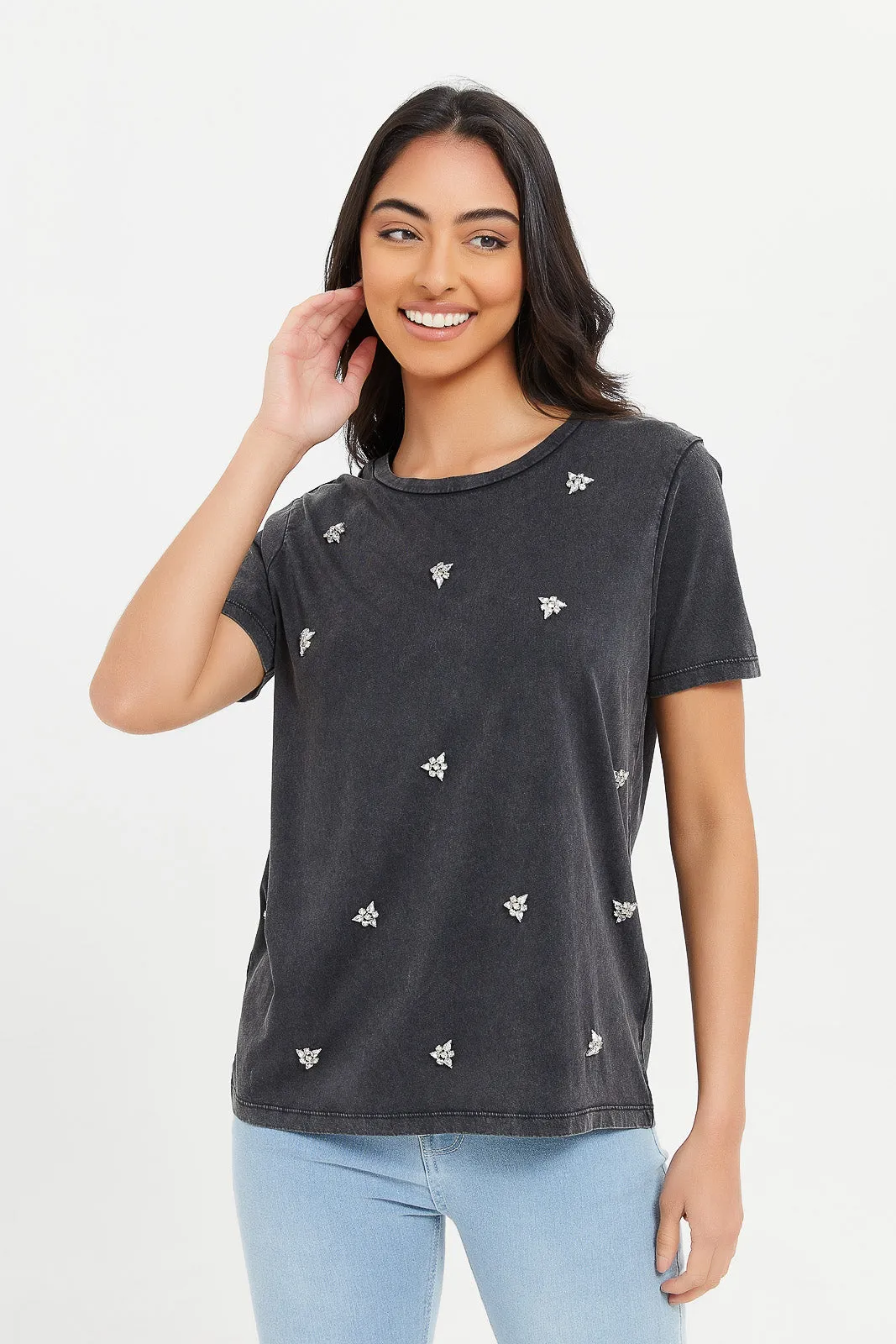 Women Charcoal Embellished Relaxed T-Shirt