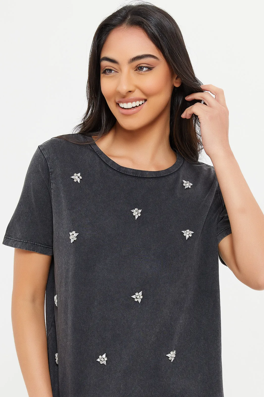 Women Charcoal Embellished Relaxed T-Shirt