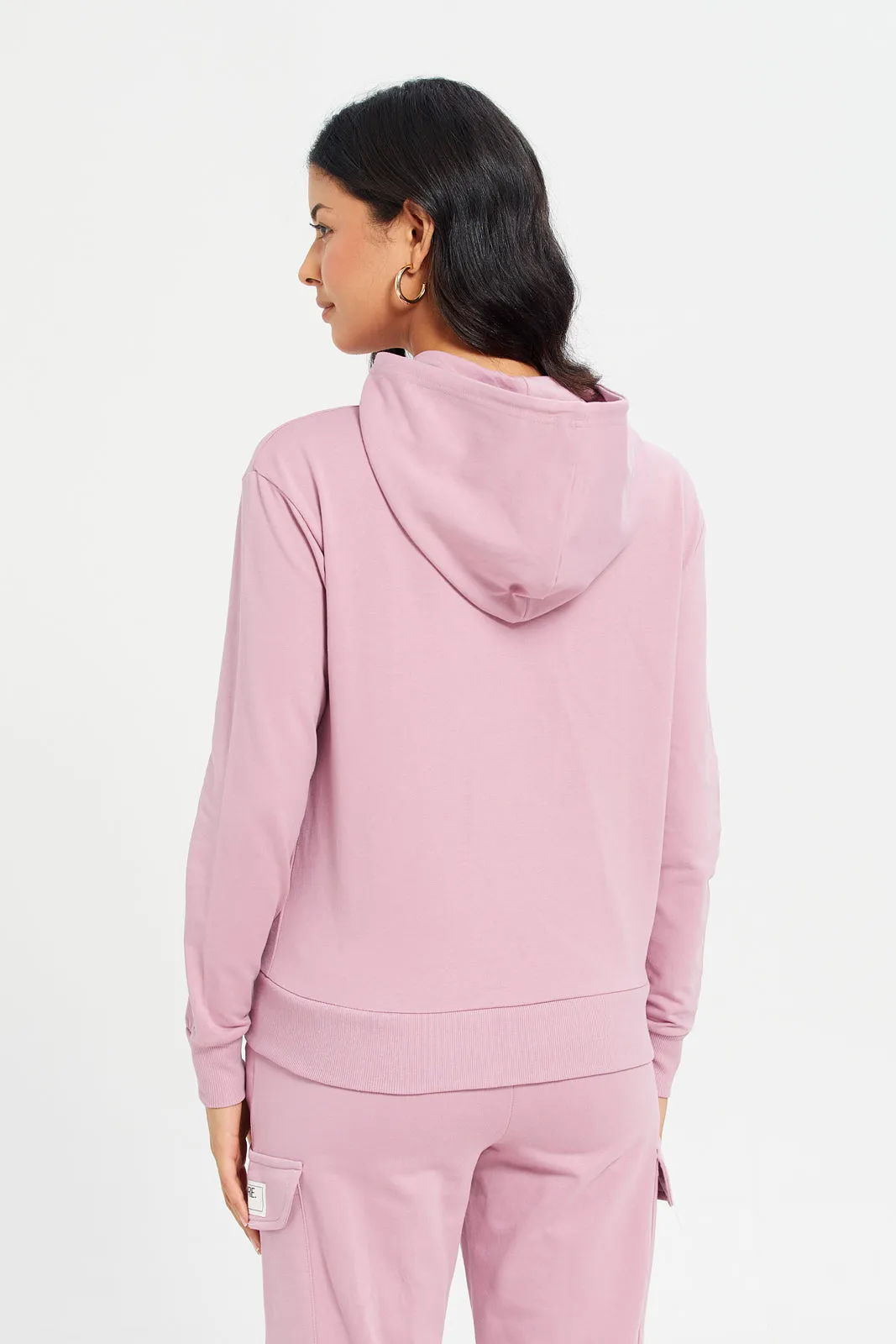 Women Pink Zip Through Hooded Sweatshirt