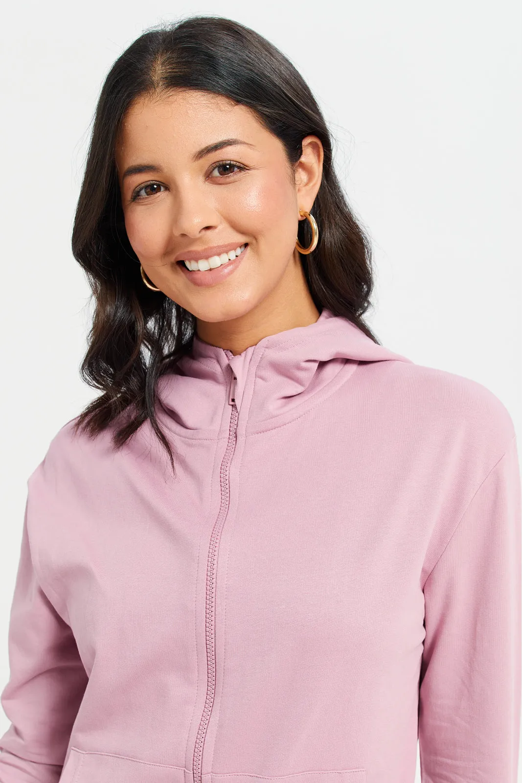 Women Pink Zip Through Hooded Sweatshirt